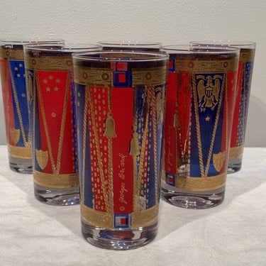 6 Vintage MCM Georges Briard Blue, Red & Gold Drum Highball Glass Barware set, modern barware, grandmillenial decor, red barware 