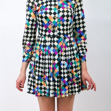 1960s Mod Harlequin Checkered Mini Shirtdress