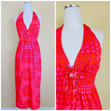 1970s Vintage Pink and Orange Beach Mates Maxi Dress / 70s Neon Lace up Halter Cotton Gown / Size Small 