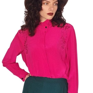 1980s Fuschia Pink Silk Blouse w/Embroidery Paul Alexander 