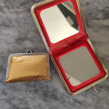 Vintage 1950s Gold Foil Double Mirror Compact and Sewing Kit 