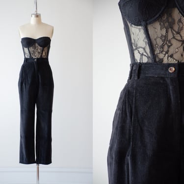 high waisted pants | 80s 90s vintage Rafaella black corduroy dark academia straight leg pleated pants 