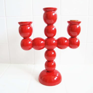 Mid Century Red Candlestick 3 Prong Made in Sweden - 1960s Cherry Tomato Red Tabletop Wood Candelabra - Scandinavian Folk Farm Decor 