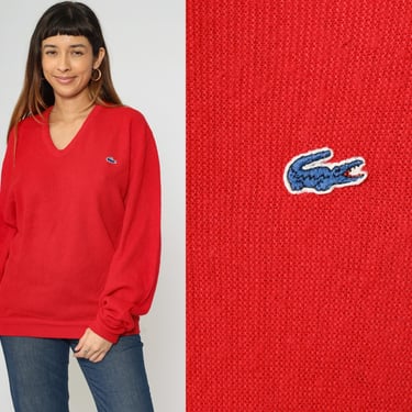 Vintage Izod Lacoste Sweater 80s Red V Neck Slouchy Pullover Jumper Knit 1980s Preppy Tennis Sweater Crocodile Retro Medium Large 