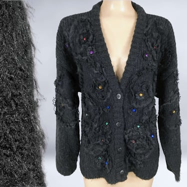 VINTAGE 80s Wild Embellished Faux Mohair Cardigan Sweater by Kitty Hawk Sz Large | 1980s Eclectic Punk Fuzzy Sweater | VFG 