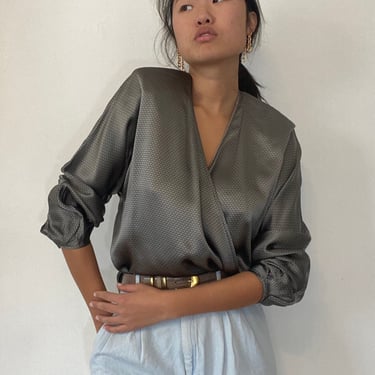 90s silk charmeuse wrap blouse / vintage Ellen Tracy pewter gray liquid silk charmeuse plunging wrap batwing blouse  | M L 