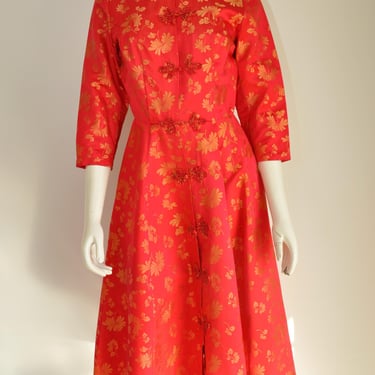 vintage 1950s red & gold silk floral asian import Christmas party dress XS 