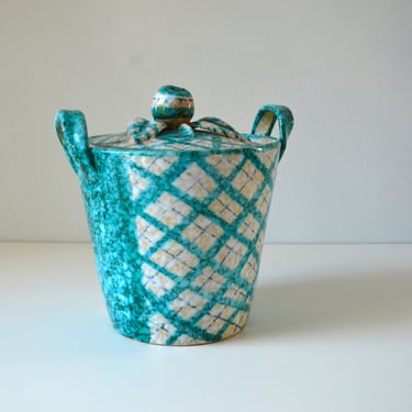Vintage Italian Pottery Ice Bucket with Lid in Blue and White Lattice Design, Made in Italy, Bitossi 