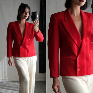 Vintage 80s AUSTIN REED Red Double Breasted Cropped Power Shoulder Blazer | Made in the USA | 100% Wool | 1980s Designer Crop Bolero Blazer 