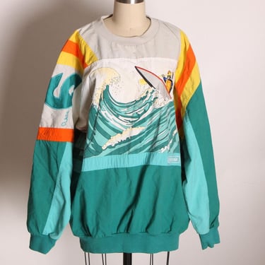 1980s Teal Blue Green, Tan and Orange Long Sleeve Novelty Wave Devils Toenail Pullover Sweatshirt by Adidas -XL 