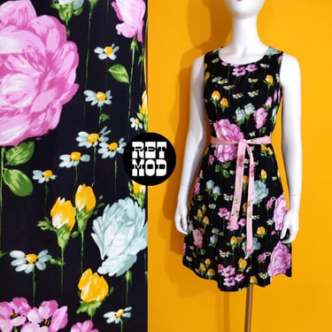 2-Piece Mini Dress & Skirt Vintage 70s Black Pink Floral Sleeveless Two-Piece Set 