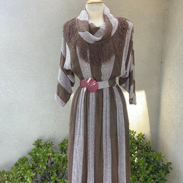 Vintage boho stripe browns knit dress fringe trim plus belt size S/M by Sybil of California 