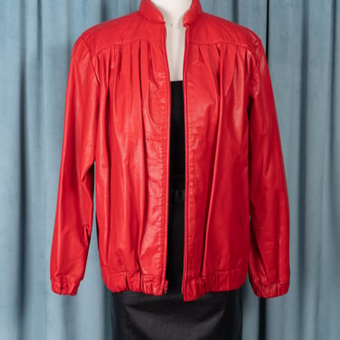 Amazing 80s Joseph Magnin Quilted Red Leather Jacket with Padded Collar and Pleats (M/L) 