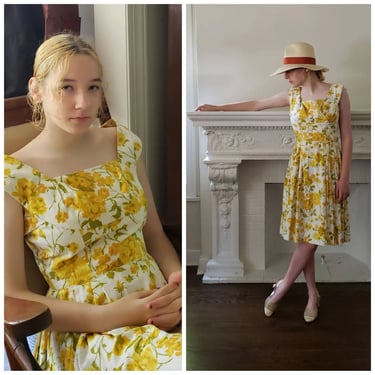 1950s Yellow Floral Print Dress Sleeveless Summer Dress Cotton Full Midi Skirt Kay Martin Rockabilly VLV Cottagecore / Small 