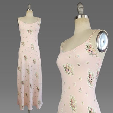 Pink Slip Dress / Betsey Johnson 1990s Pink Rose Print Dress / Bias Cut Slip Dress / Size Small Extra Small XS 