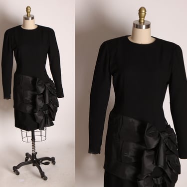 1980s Black Avant Garde Hip Triple Oversized Bow Detail Long Sleeve Cocktail Formal Dress by Bill Blass -S 