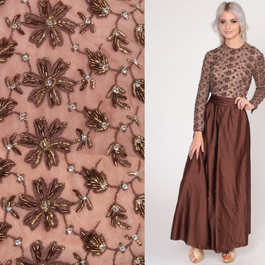 Brown Beaded Gown 60s Party Dress Sparkly Floral Maxi Dress Formal Retro Prom Semi-Sheer Glam Cocktail Long Sleeve Vintage 1960s Small S 