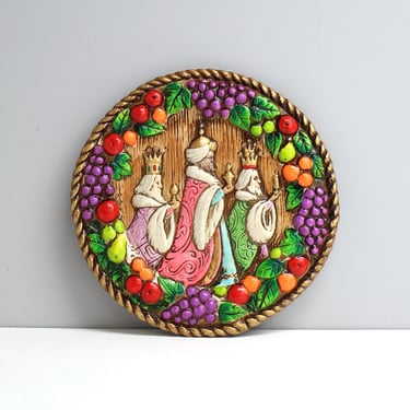 Vintage three kings wall plaque - mid century bright  colors - Della Robbia wreath border - stylized relief Christmas Epiphany plaque 