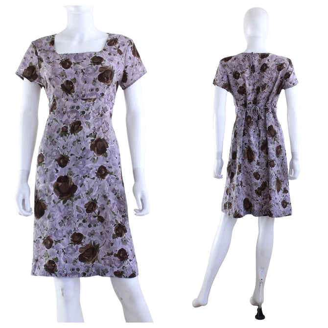 1990s Heather Purple Rose Print Dress - 1990s Purple Dress - 1990s Purple Floral Dress - 1990s Black Rose Print Dress | Size Medium 