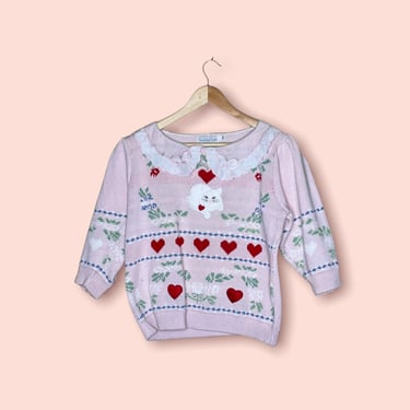 Vintage 80's Pink Fairy Kei Cottage Core Pilgrim Collar Cat Kitty Hearts Sweater by Sweater Loft, Size M 
