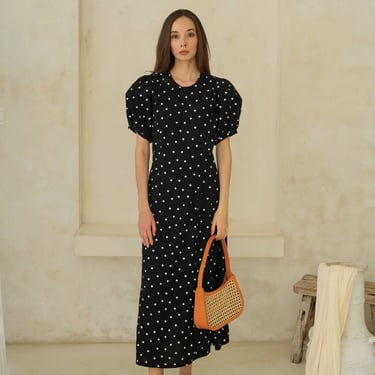 Poppy Puffy Sleeves Polka Dots Dress in Black