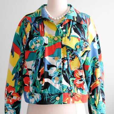 Fantastic 1990's Vibrant Tropical Cropped Denim Jacket by Escada / Sz M/L