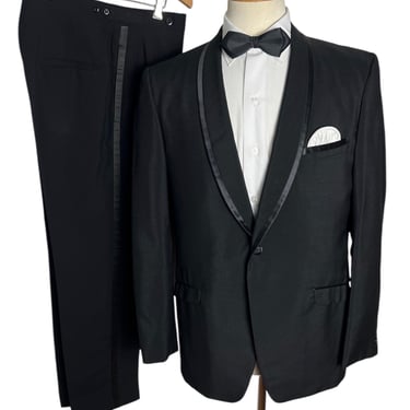 Vintage 1960s SHARKSKIN 2pc Shawl Collar Tuxedo ~ 40 R ~ Rockabilly Suit ~ Wedding ~ Tux ~ 