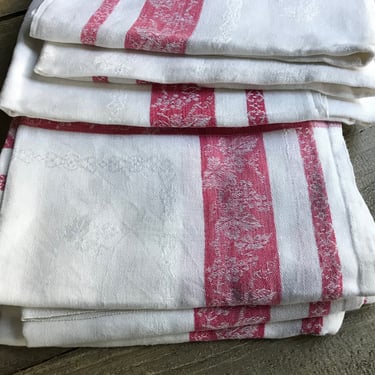 French Linen Dinner Napkins, Red Stripe Damask Linen, Grapevine Pattern, Set of 6, French Farmhouse Cuisine 