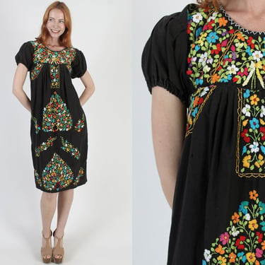 Traditional Black Cotton Puff Sleeve Mexican Embroidered Fiesta Dress 