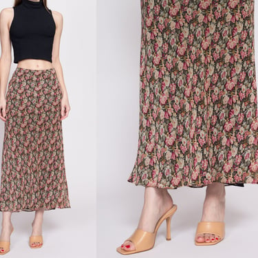 90s Floral Grunge Mid Rise Maxi Skirt - Medium | Vintage Express Side Button Lettuce Hem Flowy Slip Skirt 