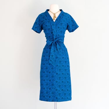 Vintage 1950's Peacock Blue Cotton Wiggle Dress by Dorthy Korby / Small