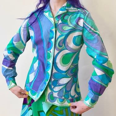 60’s Emilio Pucci Cotton Voile Psychedelic Turquoise Purple Blouse