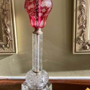 Etched Cranberry Glass Victorian Style Lamp 