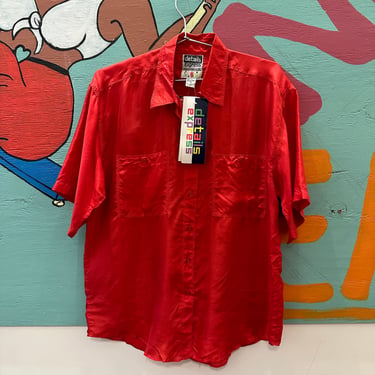 1990s  Details Express Solid Red Silk Shirt / Button Down / Boxy Oversize Fit / Medium / Large / Deadstock / Basic / Lightweight / Oxford / 
