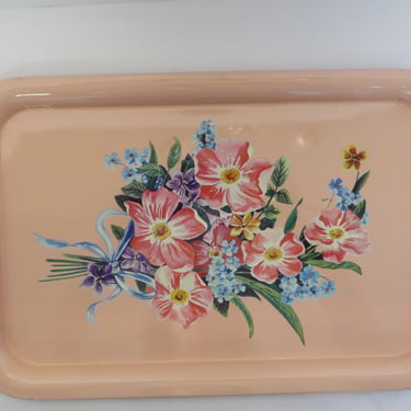 Vintage Pink Tole Flower Bouquet Metal Tray - Vintage Soft Pink Metal Floral Tin Tray 