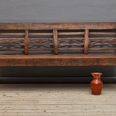 Turned Leg Dutch Colonial Teak Bench with Flower Motifs on the Back Crest