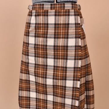 Brown and Orange Pleated Kilt Style Plaid Skirt, M