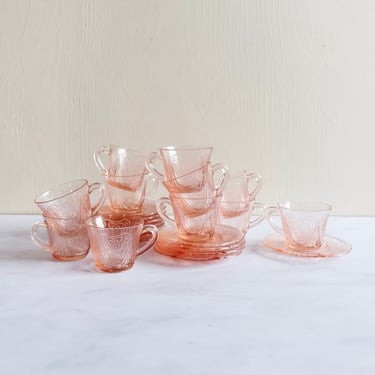 rare midcentury French pink glass embossed art deco cups & saucers, set of 11