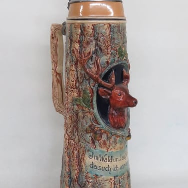 Gerz Germany Tall Large Ceramic Deer in Tree Pewter Lidded Beer Stein 3450B