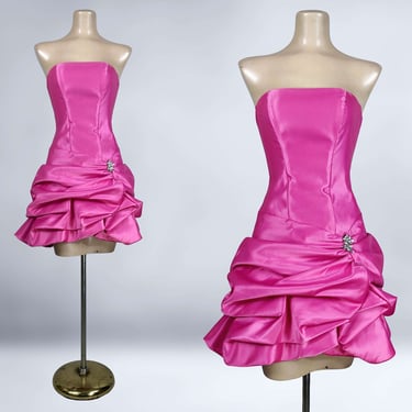 VINTAGE 90s Y2K Bubble Hem Pink Satin Bustier Party Dress by Cache Sz 4 | 1990s 2000s Strapless Mini Prom Dress | VFG 