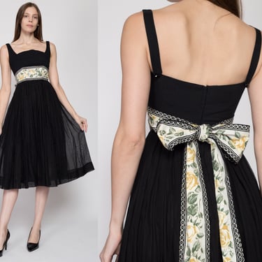 XXS 60s Saks Fifth Avenue Black Floral Bow Fit & Flare Dress | Vintage Sleeveless Midi Bombshell Party Sundress 