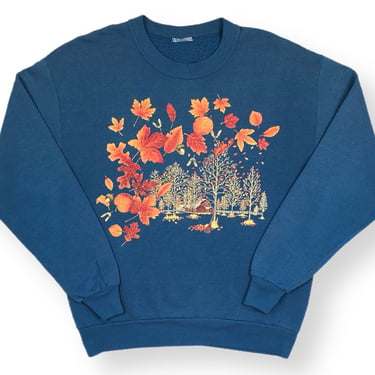Vintage 90s Burnt Orange Fall Leaves & Barn Graphic Essential Crewneck Sweatshirt Pullover Size Medium 