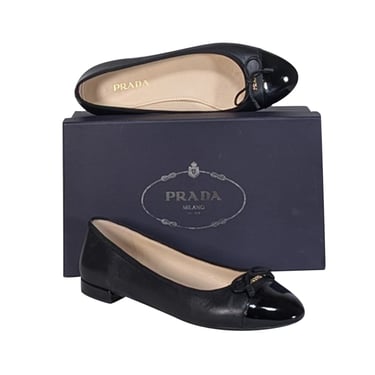 Prada - Black Leather Leather Bow Toe Ballet Flats Sz 9.5