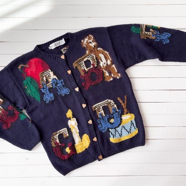 cottagecore sweater | 80s 90s vintage The Eagle's Eye teddy bear alphabet navy blue teacher granny novelty cardigan 