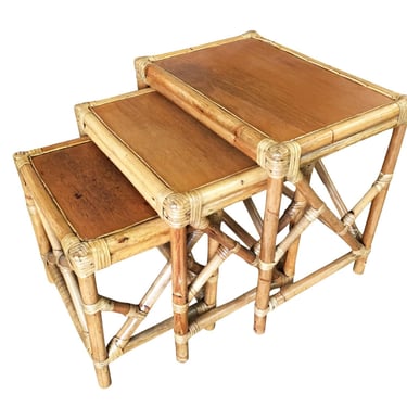 Set of 3 Rattan Nesting Side Tables W/ Mahogany Top 