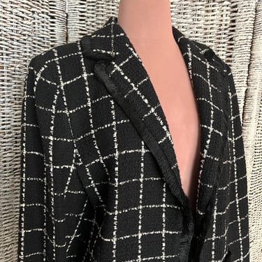 Grid Pattern Blazer, Plaid, Fringe Edges, Made in Italy, Classic Style, Closet Staple, Size 14 US 