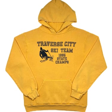 Vintage 1985 Russell Athletic Traverse City Michigan Ski Team State Champions Made in USA Hoodie Sweatshirt Pullover Size Medium 