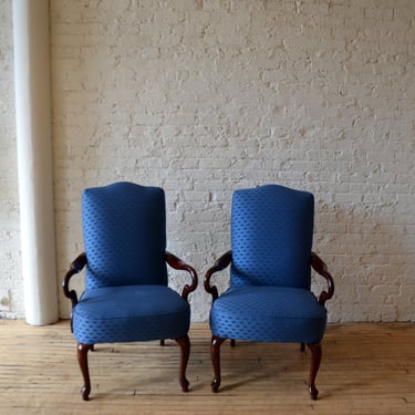Pair Vintage Queen Anne Lounge Arm Chairs