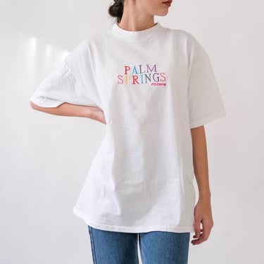 Vintage 90s PALM SPRINGS Rainbow Embroidered Single Stitch T-Shirt | Made in USA | 100% Cotton | 1990s Unisex Boxy Fit Streetwear Tee Shirt 