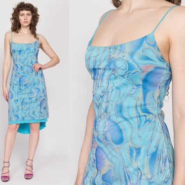 Sm-Med Y2K Blue Metallic Swirl High-Low Party Dress | Vintage Spaghetti Strap Abstract Print Mini Dress 